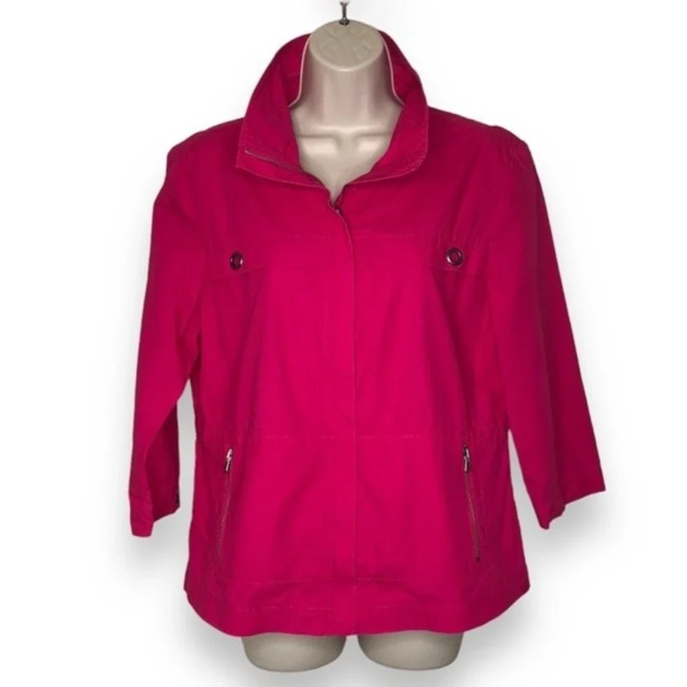 Chicos Bright Pink 3/4 Sleeve Convertible Collar Jacket Ripstop Women Medium